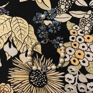 Chanel CC Faux Pearl Bracelet Crystal Logo 6-9” Adjustable Stainless Steel Lux